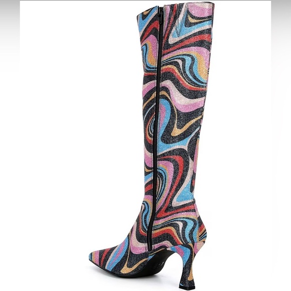 Gianni Bini Cat-Walk Glitter Snip Toe Colorful Swirl Pattern Knee-High Boots NWT - Picture 3 of 16